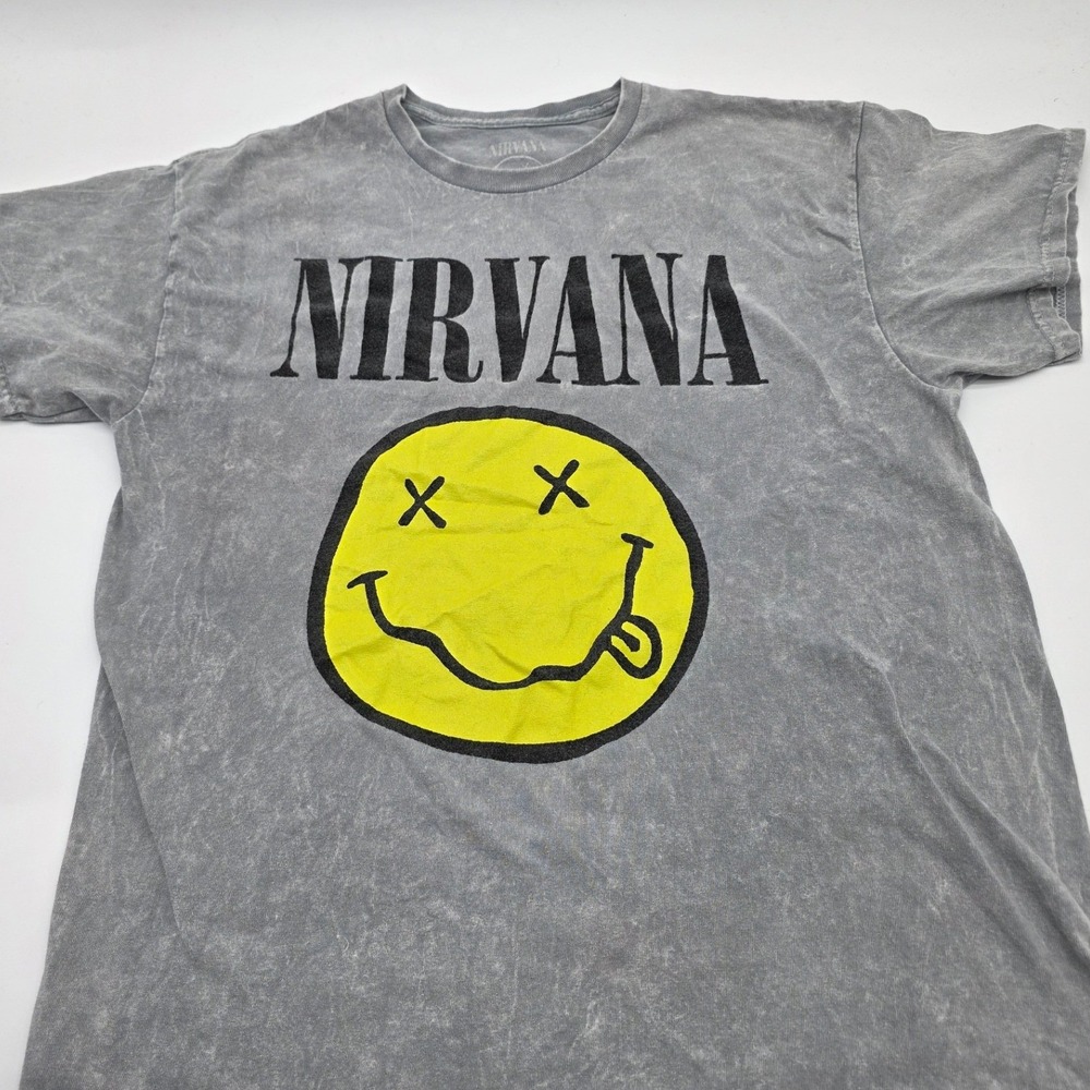 Nirvana Rock T-Shirt Men L Grey Mineral Wash Smiley Face‎ Logo Tee Streetwear